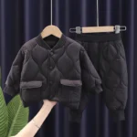 Korean version Baby Boy Clothes children's thickened insulation with cotton clip winter set suitable for baby top jacket+pants - Image 6