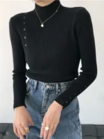 Women Knitted Sweater Long Sleeve Button Turtleneck Slim Pullovers for Autumn Winter Female Sweaters Soft Warm Bottoming Tops - Image 4