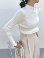 Women Knitted Sweater Long Sleeve Button Turtleneck Slim Pullovers for Autumn Winter Female Sweaters Soft Warm Bottoming Tops - Image 3