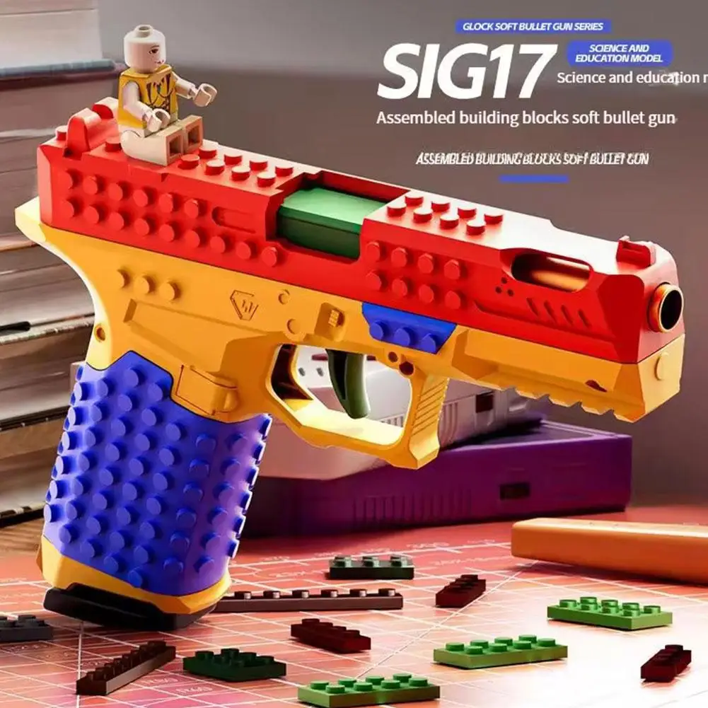 kf-S905f395f5fcf417a999f8bf7b5efc0fbh Building block assembly toy gun SIG17 launches toy pistol burst shell throwing DIY soft bullet gun science and education model - Image 1